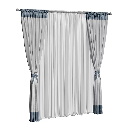 Layered Gray Curtains with Blue Trim and White Sheer Panels and Blue Tiebacks 3d model