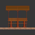 Functional Outdoor Table With Red Metal Frame Transparent Canopy And Benches On Brick Paved Floor
