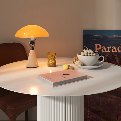 Table Lamp Yellow Shade White Base on White Round Table with Pink Book Cookies 3d model