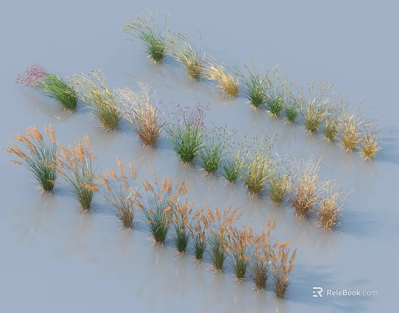 Colorful Decorative Grasses 3D Rendering With Green Yellow Brown Hues On Light Background 3d model 