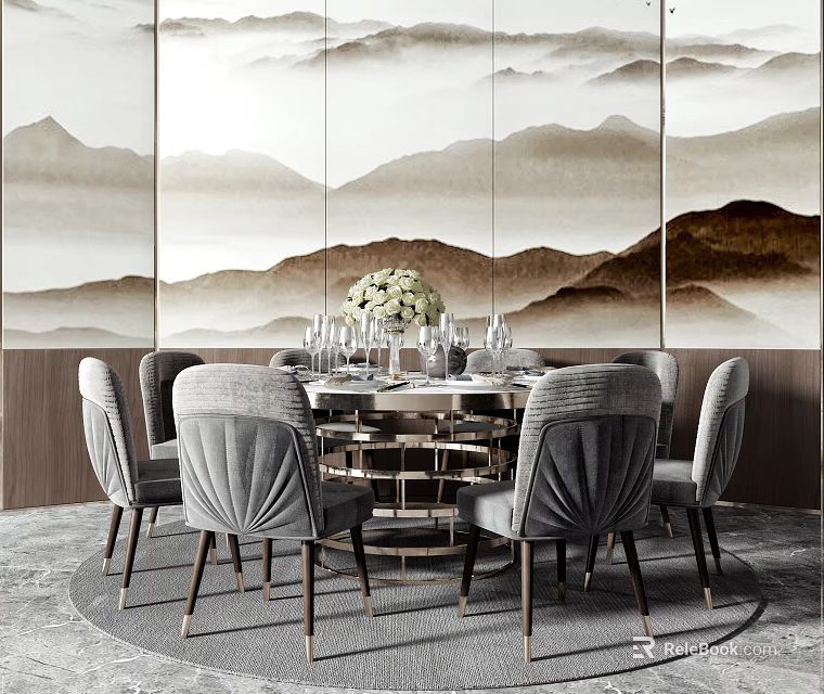 Elegant Round Dining Table Set With Gray Chairs And Mountain Landscape Backdrop 3d model