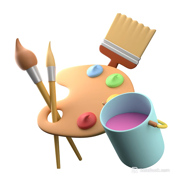 Colorful Artistic Tools Set With Easel Paintbrushes Palette And Paint Bucket 3d model 
