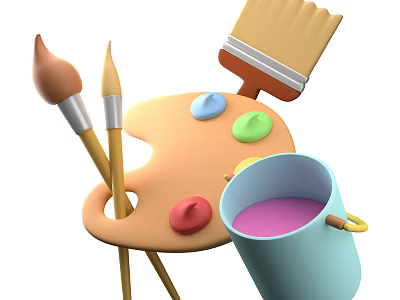 Colorful Artistic Tools Set With Easel Paintbrushes Palette And Paint Bucket 3d model