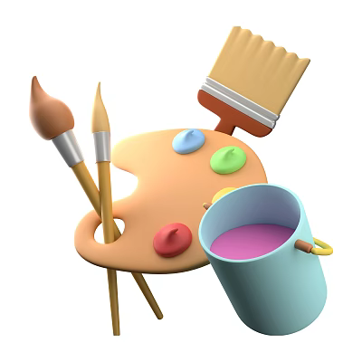 Colorful Artistic Tools Set With Easel Paintbrushes Palette And Paint Bucket 3d model