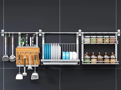 Wall Mounted Kitchen Utensils Rack With Knives Spatulas Plates And Spice Jars 3d model