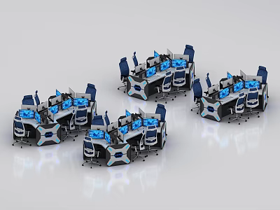 Modern Monitoring Room Layout Featuring Multiple Control Consoles Blue Screens And Ergonomic Chairs 3d model