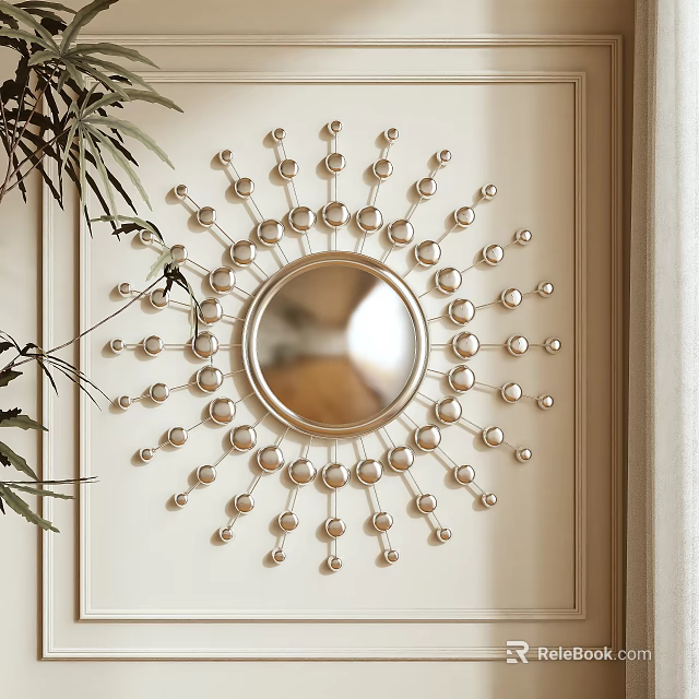 Modern Elegant Decorative Wall Mirror With Round Metal Radiating Beaded Accents For Interior Wall Decor 3d model 