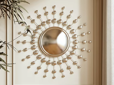 Modern Elegant Decorative Wall Mirror With Round Metal Radiating Beaded Accents For Interior Wall Decor 3d model