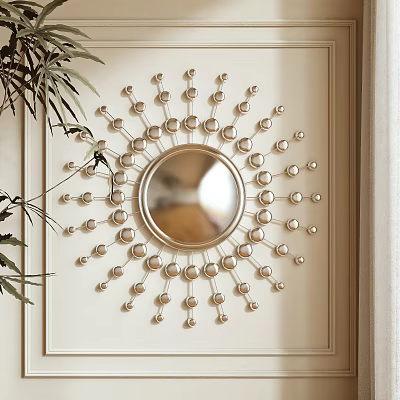 Modern Elegant Decorative Wall Mirror With Round Metal Radiating Beaded Accents For Interior Wall Decor 3d model