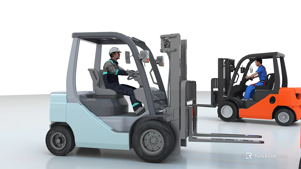Industrial Forklift Equipment With Operators In Safety Gear And Various Colors 3d model 