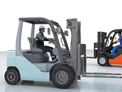Industrial Forklift Equipment With Operators In Safety Gear And Various Colors 3d model
