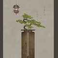 Bonsai Tree on Wooden Stand with Traditional Lantern in Chinese Style Interior