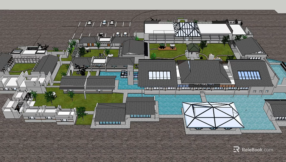 Aerial View of Mixed Architectural Complex With Water Pool Green Spaces and Parking Areas 3d model 