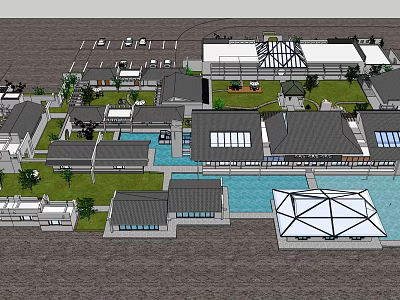 Aerial View of Mixed Architectural Complex With Water Pool Green Spaces and Parking Areas 3d model