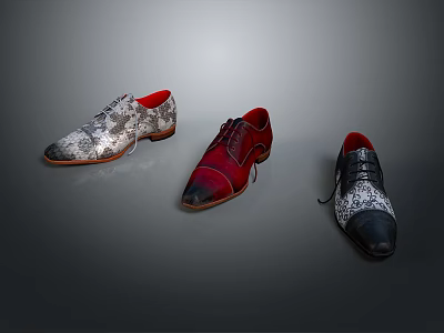 Lace Up Leather Dress Shoes in Silver Patterned Red and Black with Brown Soles 3d model