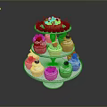 Three Tier Cupcake Stand With Fresh Strawberries And Cream Topped Cupcakes