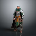 Medieval Armored Man In Green Cloak And Detailed Metal Armor