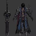 Fantasy Warrior Character Design Featuring Armor Weapon Cloak And Purple Blue Palette
