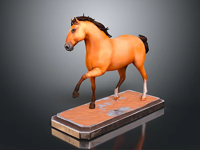 Brown Horse Model With Black Mane Tail And Raised Front Leg On Wooden Base 3d model