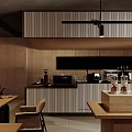 Modern Cafe Interior Design With Wooden Counter Decorative Posters Hanging Lights And Coffee Area