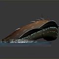 Orange Spotted Fish Shaped Creature With Blue Eyes Curved Body Blue Platform And Small Boat