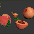 Fresh Red Peaches With Sliced Halves And Green Leaves On Dark Background
