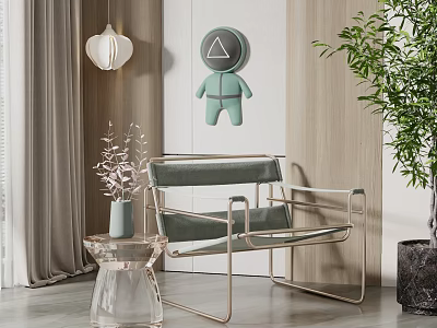 Modern Leisure Chair With Green Velvet Seat Metal Frame Wooden Wall And Glass Table Plant 3d model