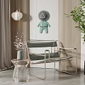 Modern Leisure Chair With Green Velvet Seat Metal Frame Wooden Wall And Glass Table Plant