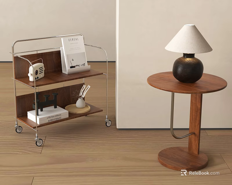 Modern Side Tables with Metal Frame Wheels Round Wooden Top and Table Lamp 3d model 