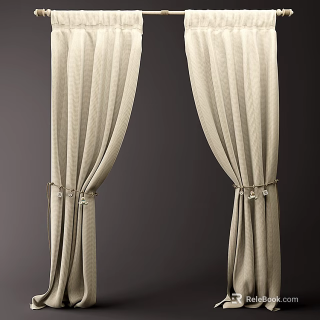 Beige Curtains Hung On Both Sides Tied With Decorative Cords Soft Fabric Against Dark Background 3d model 