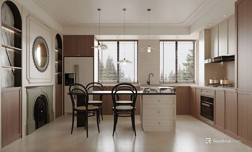 Modern Kitchen Interior With Wooden Cabinets White Island Black Chairs Window Blinds And Pendant Lights 3d model 