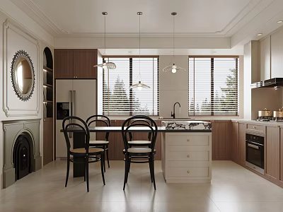 Modern Kitchen Interior With Wooden Cabinets White Island Black Chairs Window Blinds And Pendant Lights 3d model
