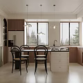Modern Kitchen Interior With Wooden Cabinets White Island Black Chairs Window Blinds And Pendant Lights