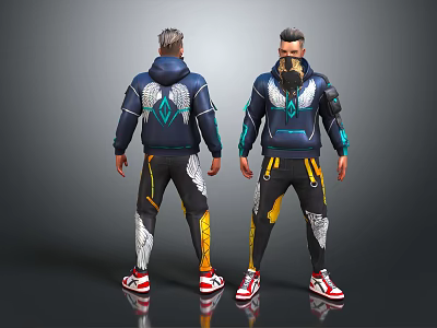 Two Characters Front Back View In Navy Blue Techwear With Bio Inspired Patterns Red White Sneakers 3d model
