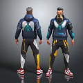 Two Characters Front Back View In Navy Blue Techwear With Bio Inspired Patterns Red White Sneakers 3d model