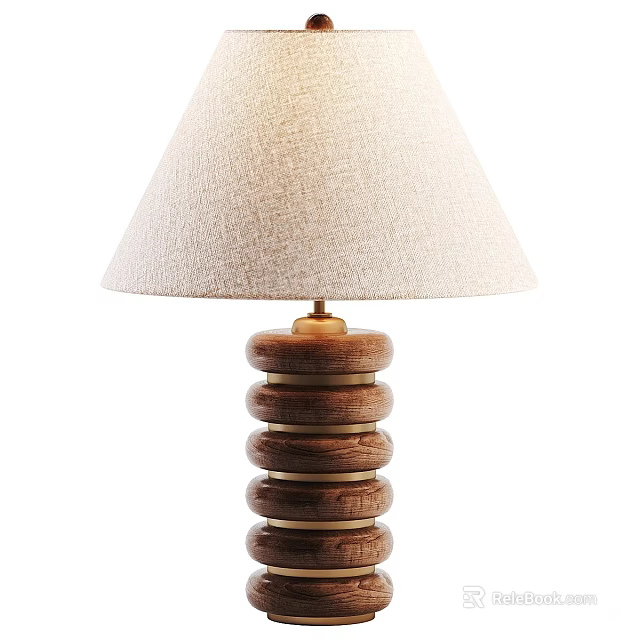 Light Beige Fabric Lampshade Table Lamp With Dark Wooden Stacked Rings And Brass Connector 3d model 