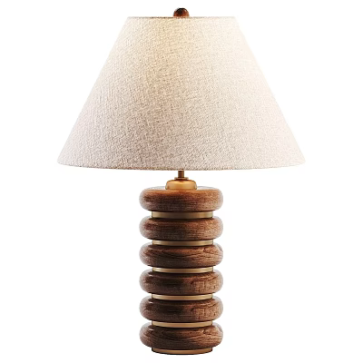 Light Beige Fabric Lampshade Table Lamp With Dark Wooden Stacked Rings And Brass Connector 3d model