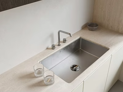 Stainless Steel Kitchen Sink with Faucet and Glass Cups on Light Colored Countertop 3d model