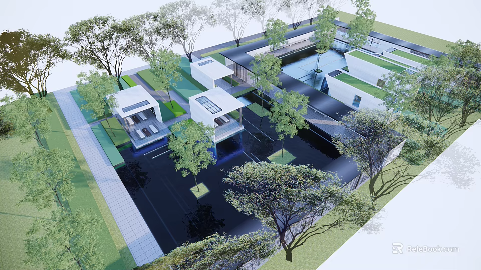 Modern Pergola Landscape Design With Trees Water Features And Open Space 3d model