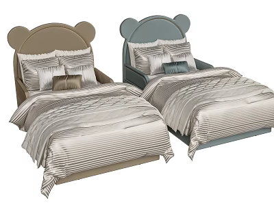 Cute Kids Bed with Mickey Ear Shaped Headboard Brown and Blue Striped Bedding and Pillows 3d model