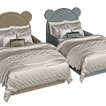 Cute Kids Bed with Mickey Ear Shaped Headboard Brown and Blue Striped Bedding and Pillows