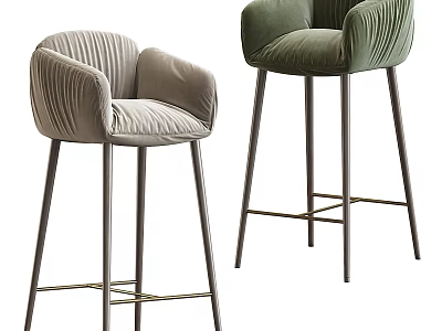 Light Gray And Green Velvet Bar Stools With Pleated Design And Metal Legs 3d model