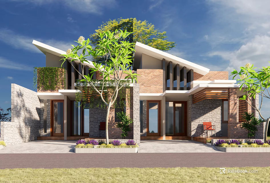 Modern Detached Villa Exterior With Sloped Roof Brick Stone Walls And Front Yard Greenery 3d model 