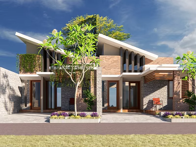 Modern Detached Villa Exterior With Sloped Roof Brick Stone Walls And Front Yard Greenery 3d model
