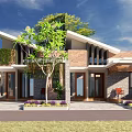 Modern Detached Villa Exterior With Sloped Roof Brick Stone Walls And Front Yard Greenery