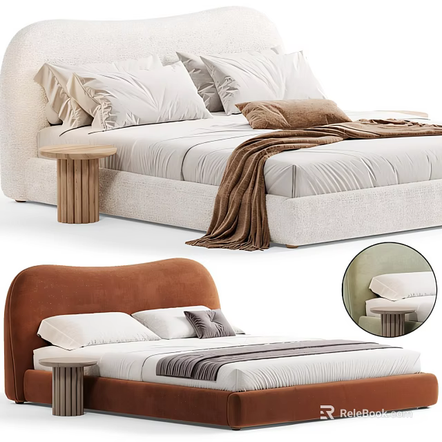 Double Bed Featuring White Frame Brown Headboard Soft Pillows Cozy Blanket and Bedside Table 3d model