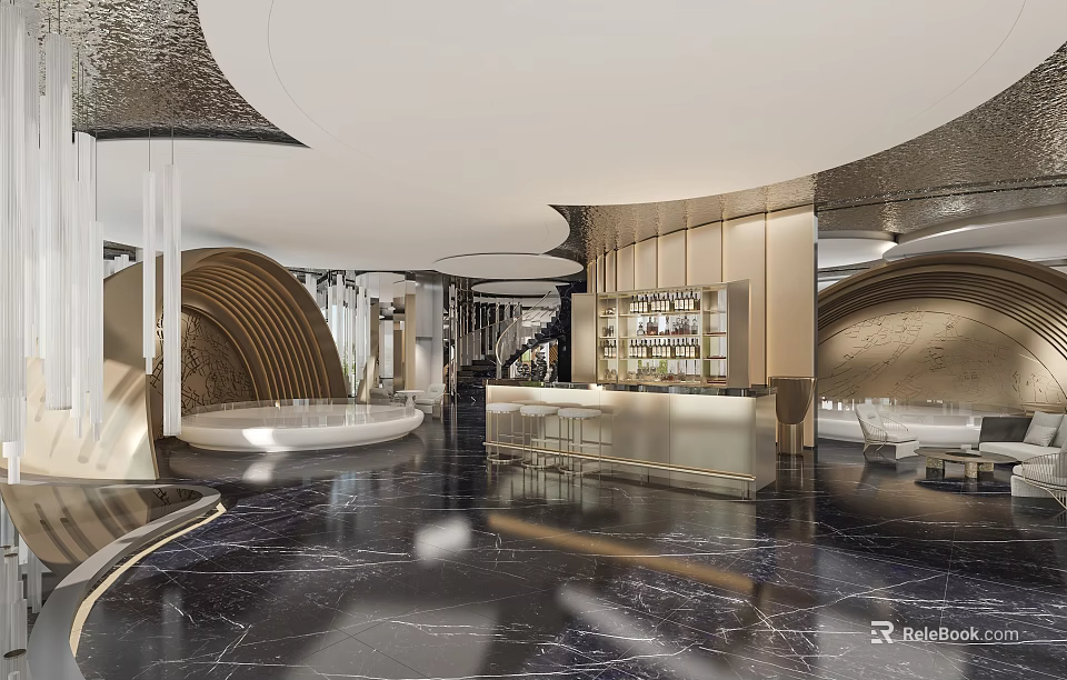 Elegant Modern Sales Office Interior With Marble Floor Bar Counter Display Shelves And Ambient Lighting 3d model 