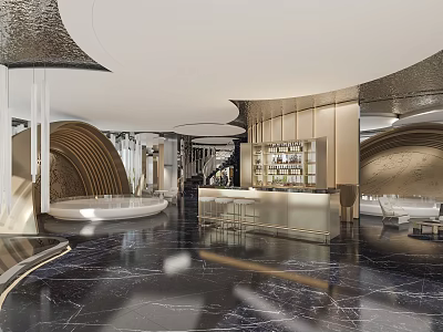 Elegant Modern Sales Office Interior With Marble Floor Bar Counter Display Shelves And Ambient Lighting 3d model