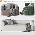 Modern Sofa Set Brown Green Beige Single Three Seater With Plaid Pillows Gray Throws 3d model
