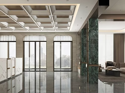 Elegant Front Desk Reception Area With Geometric Ceiling Design Marble Wall Large Windows And Sofa 3d model